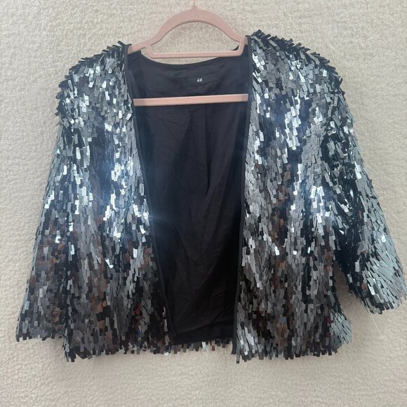 H&M SILVER GREY MIRRORED Square Sequins CABARET  GLITZY Evening Jacket Cardigan - Picture 1 of 10